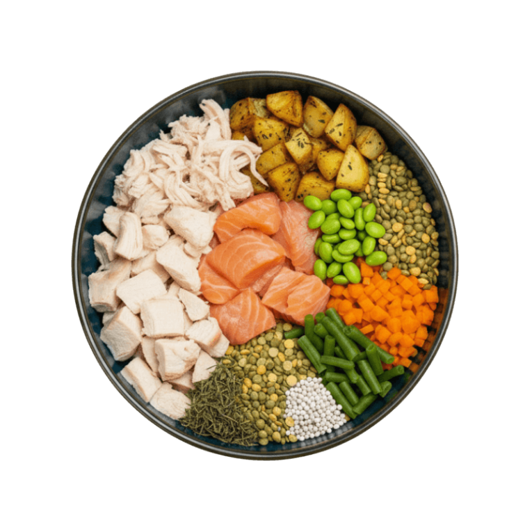 Ingredientes del pienso Anlú Esterilizado de Salmón, Trucha y Pollo, con Omega 3, condroprotectores y fibra para control de peso.