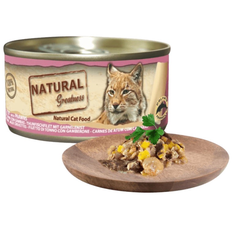 Lata Atun Gambas Gato Natural Greatness. Alimento húmedo complementario para gatos adultos.