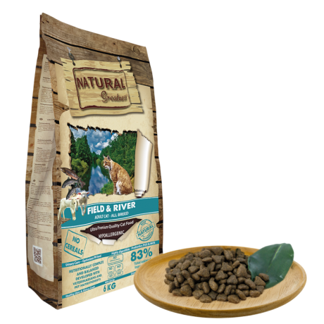 Saco de pienso Natural Greatness Field & River para gatos sensibles al pollo, con un 70% de carne y pescado