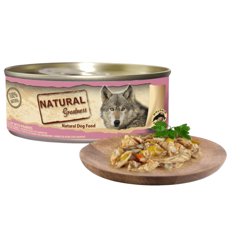 Comida húmeda de filete de atún y gambas en caldo para perro adulto snack bajo en grasa