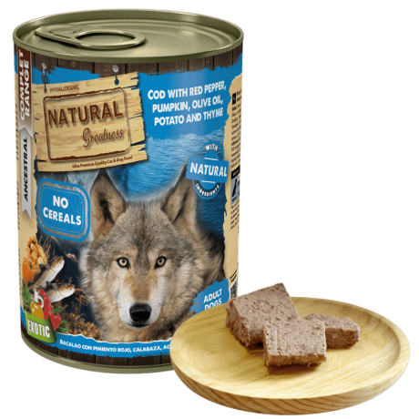 Comida húmeda de bacalao, pimiento rojo y calabaza para perro bajo en grasa hipoalergénico