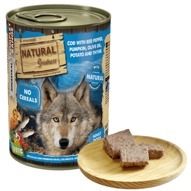 Comida húmeda de bacalao, pimiento rojo y calabaza para perro bajo en grasa hipoalergénico