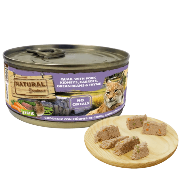 Comida húmeda de codorniz y cerdo para gatos adultos baja en calorías y para la salud urinaria