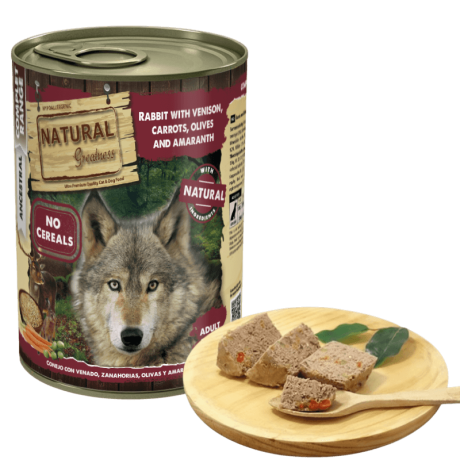 Comida húmeda de conejo ciervo zanahorias amaranto perro adulto paladar exigente