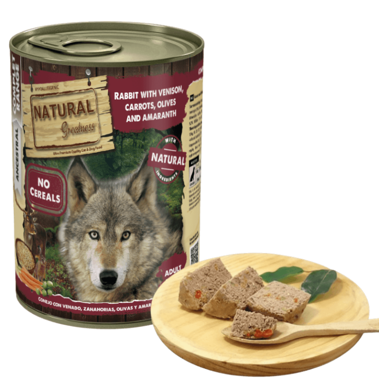 Comida húmeda de conejo ciervo zanahorias amaranto perro adulto paladar exigente