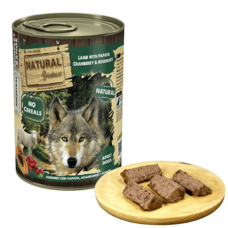 Comida húmeda cordero 65% con papaya, arándanos y romero dieta de exclusión