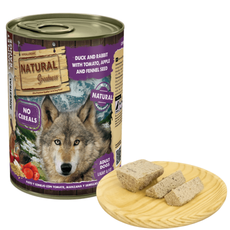 Lata de pato y conejo para perro 400gr light baja en grasa sin cereales
