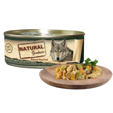 Comida húmeda de pechuga de pollo e hígado de buey para perro inapetente o convaleciente