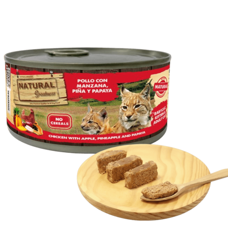 Comida húmeda de pollo con manzana y piña para gatitos y gatos adultos alta digestibilidad