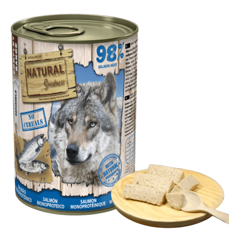 Comida húmeda 98% salmón para perro adulto con alergias o problemas de piel y pelo