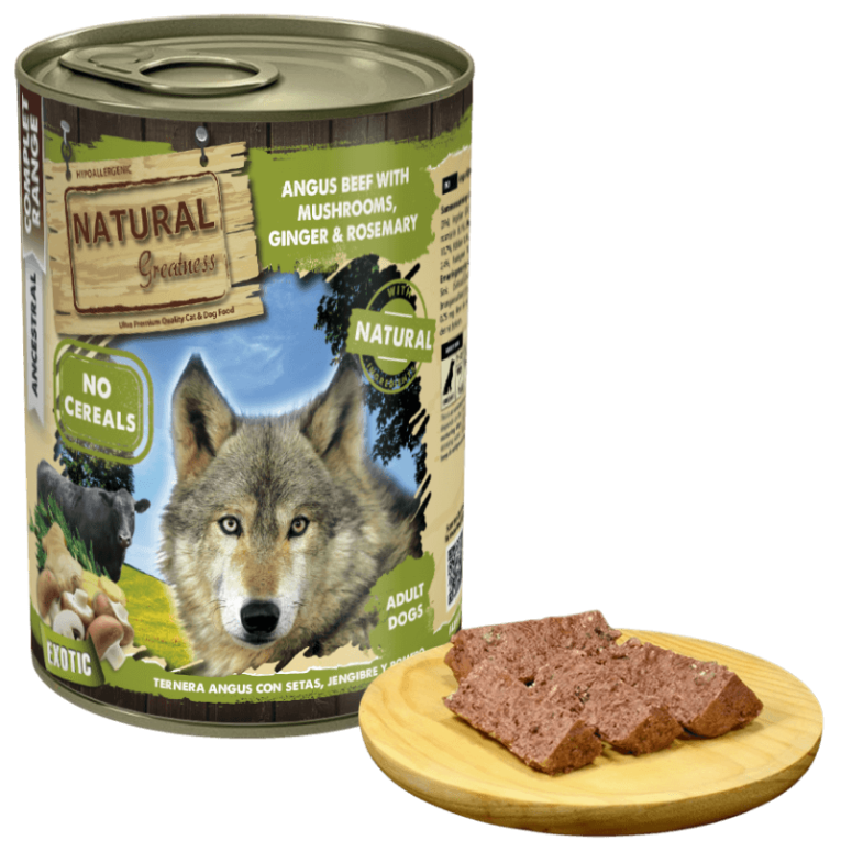 Comida húmeda ternera angus, setas y jengibre para perro sin cereales hipoalergénica