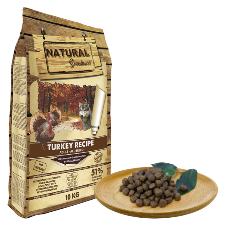 Saco de pienso Natural Greatness Pavo Grain Free con 51% carne de pavo, ideal para estómagos sensibles de perros adultos