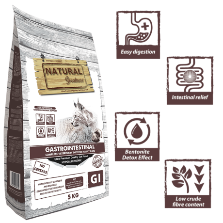 Pienso Natural Greatness Gastrointestinal de Pavo para gatos. Dieta de alta digestibilidad en formato 1.5kg y 5kg.