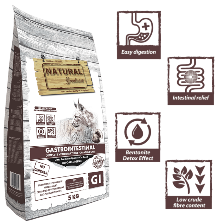Pienso Natural Greatness Gastrointestinal de Pavo para gatos. Dieta de alta digestibilidad en formato 1.5kg y 5kg.