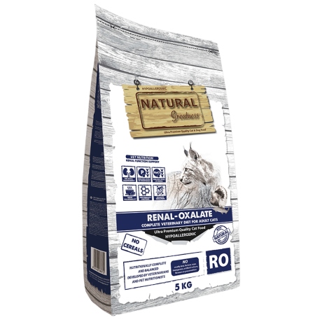 Pienso Natural Greatness Renal Oxalato para gatos. Dieta baja en fósforo y sin cereales, en formatos 1.5kg y 5kg.