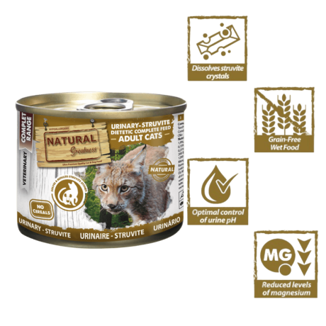 Lata Pate Urinario Estruvita Gato Natural Greatness. Dieta veterinaria bajo magnesio para disolver cristales.