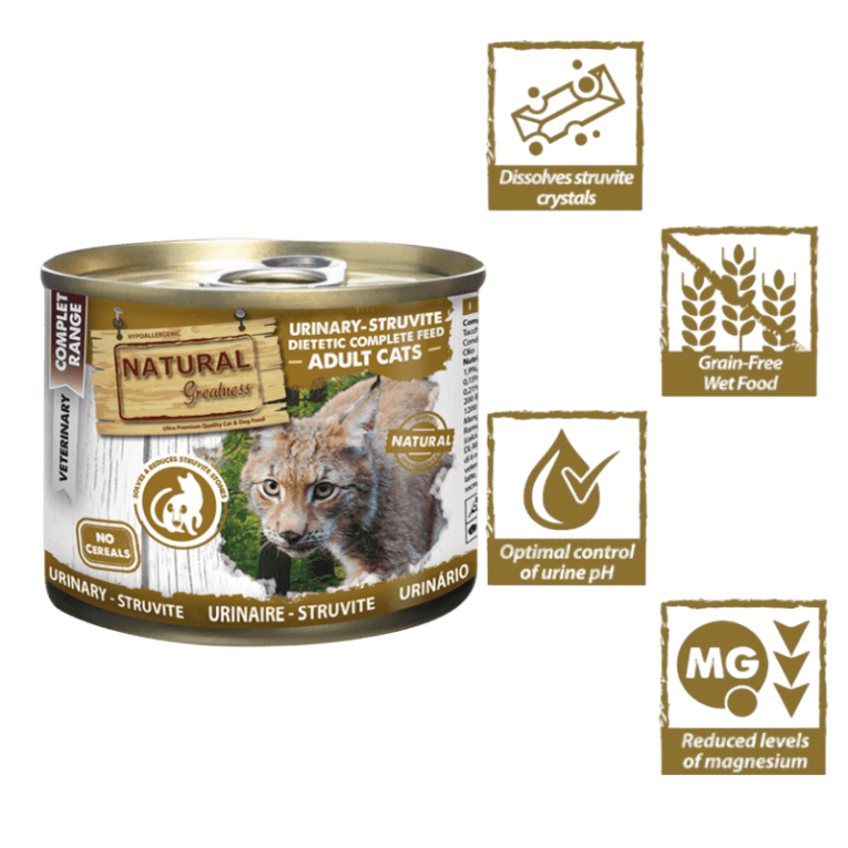 Lata Pate Urinario Estruvita Gato Natural Greatness. Dieta veterinaria bajo magnesio para disolver cristales.