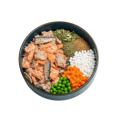 Ingredientes del pienso Anlú de Pescado para perro, con salmón, atún, sardinas, Omega 3, condroprotectores y vegetales frescos.