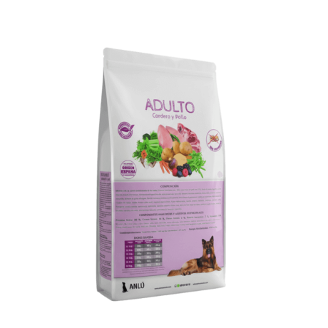 Pienso Articulaciones Cordero Pollo Anlú Adulto. Saco blanco con pastor alemán.