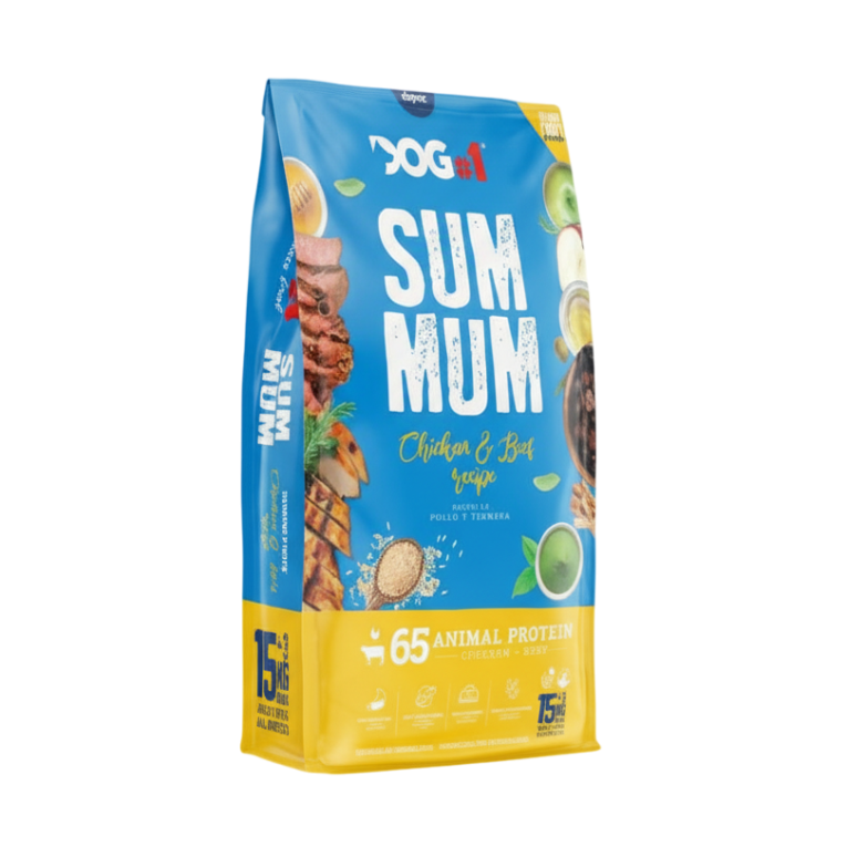 Pienso Light Senior Perro DOG-1 SumSum Pollo y Ternera. Croqueta marrón con ingredientes.