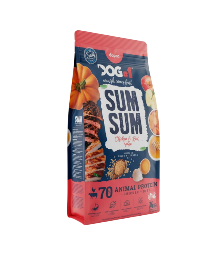 Pienso Pollo Ternera Articulaciones DOG-1 SumSum para perro adulto. Saco rojo y azul.