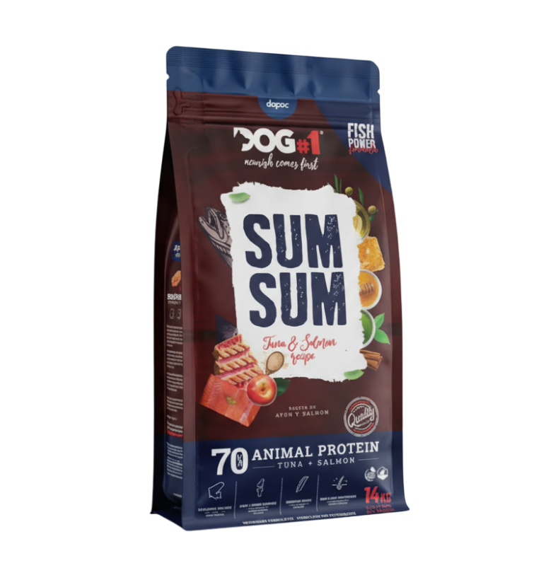 Pienso Salmón Atún Piel Perro DOG-1 SumSum Fish Power. Saco azul oscuro con salmón.