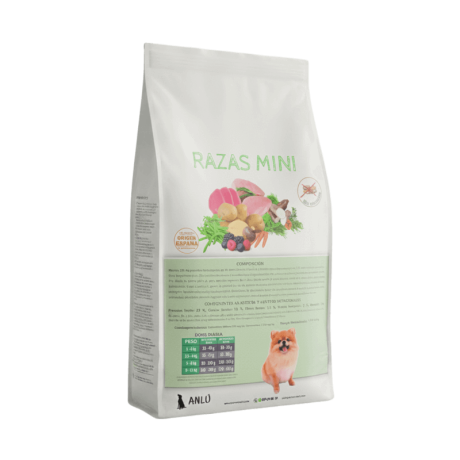Pienso Sin Cereales Razas Mini Anlú Pollo y Atún. Croquetas para perro Pomerania.