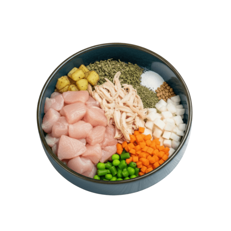 Ingredientes del pienso Anlú Grain Free Monoproteico de Pollo para perro, con pollo fresco, zanahoria, guisantes y tubérculos naturales.