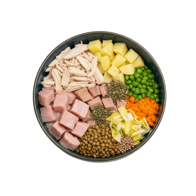 Ingredientes del pienso Anlú Puppy de Pollo y Atún, con condroprotectores, Omega 3 y vegetales para el crecimiento de cachorros.