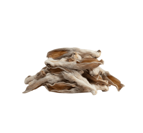 Pila de orejas de conejo secas con pelo para perro, snack natural masticable para limpieza intestinal, apto para dietas BARF.