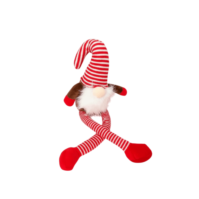 Juguete VivaDog Peluche Gnomo extra grande para perros, con sombrero y piernas a rayas.