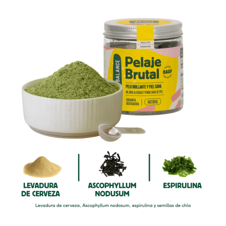 ingredientes pelaje brutal levadura de cerveza espirulina y semillas de chia para mascotas