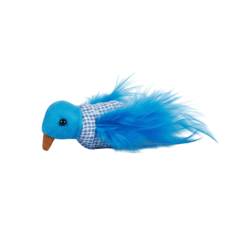 Juguete para gato con forma de pájaro azul y plumas, relleno de Catnip. Ideal para estimular el instinto de caza y la actividad física felina.