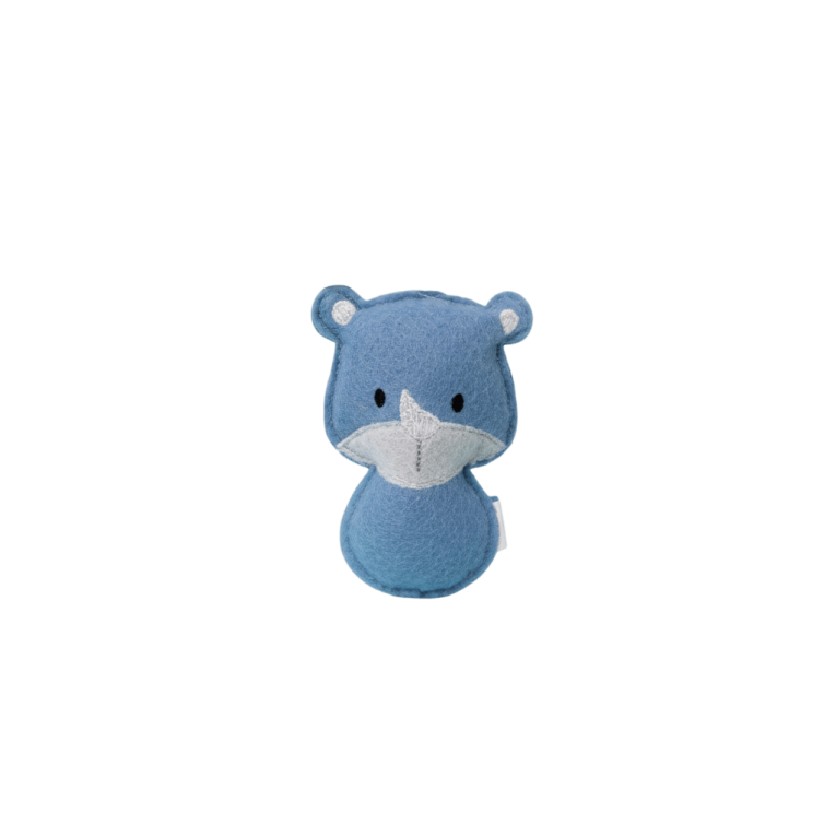 Juguete Vivadog de fieltro azul con forma de rinoceronte, relleno de catnip para gatos.