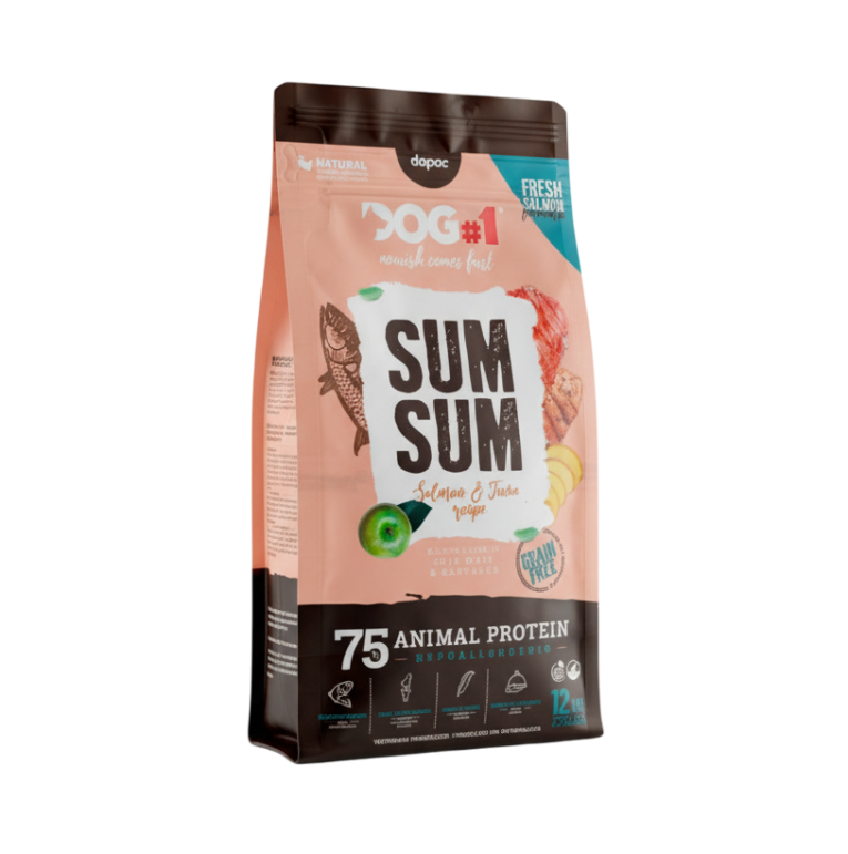 Saco de pienso SUM SUM Hipoalergénico Grain Free para perros adultos, 75% proteína de Salmón y Atún para sensibilidades alimentarias.