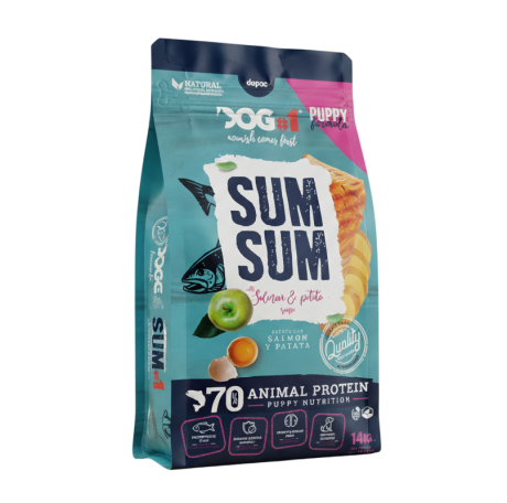 Saco de pienso Monoproteico de Salmón y Patata para cachorros, 70% proteína animal, fórmula Low Grain para alta energía y fácil digestión.