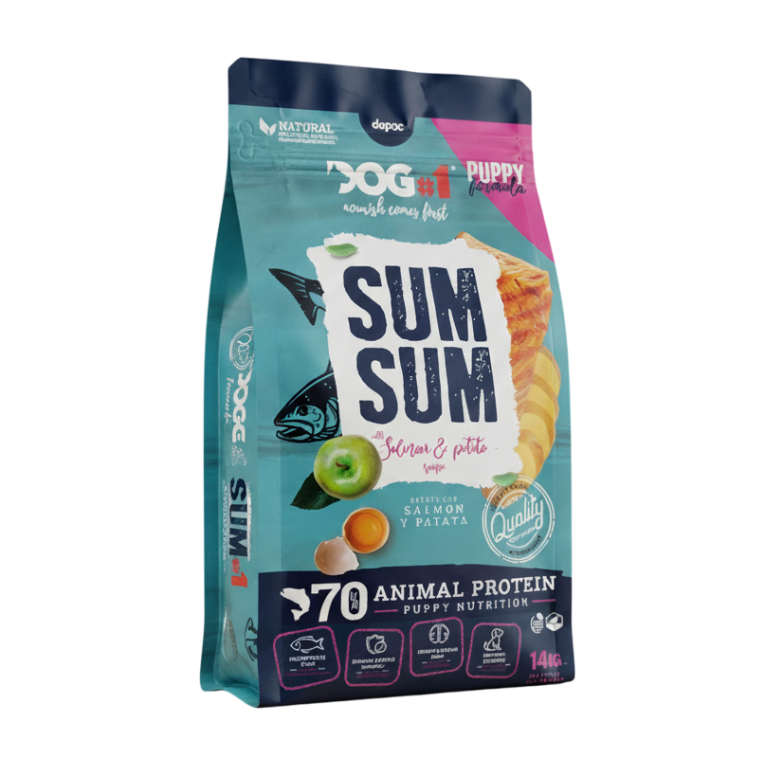 Saco de pienso Monoproteico de Salmón y Patata para cachorros, 70% proteína animal, fórmula Low Grain para alta energía y fácil digestión.