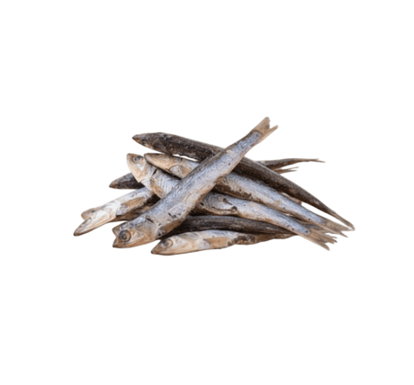 Pila de boquerones o anchoas secas enteras para perro y gato, snack rico en Omega 3 y DHA para salud articular y belleza del pelaje.