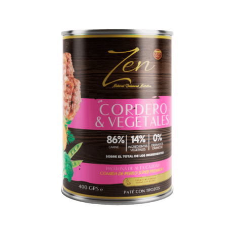 Lata de 400g de comida húmeda Zen Natural Balanced Nutrition, sabor Cordero y Vegetales, Paté con Trozos, con 86% carne.