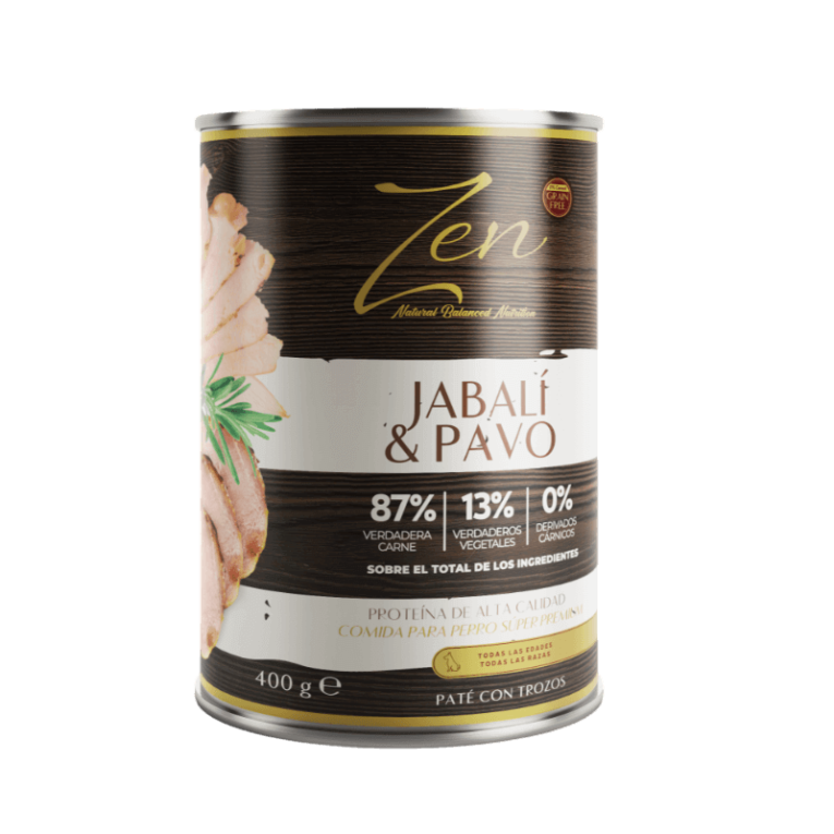 Lata de 400g de comida húmeda Zen Natural Balanced Nutrition, sabor Jabalí y Pavo, Paté con Trozos, con 87% carne.