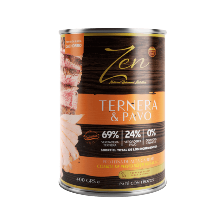 Lata de 400g de comida húmeda Zen Natural Balanced Nutrition, sabor Ternera y Pavo, Paté con Trozos, apta para Cachorros. 93% de carne total.