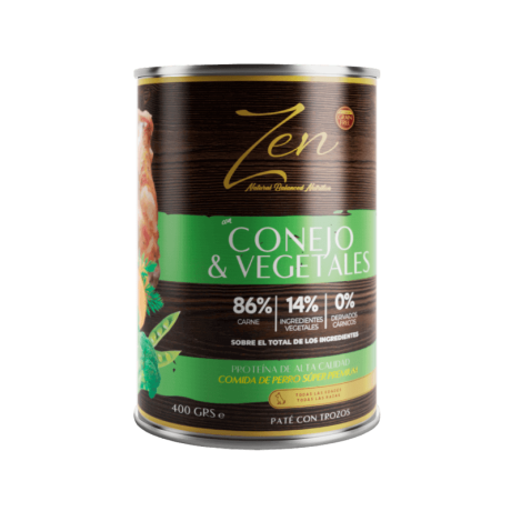 Lata de Paté Conejo Digestión Fácil Zen. Alimento húmedo magro con vegetales, 400g.