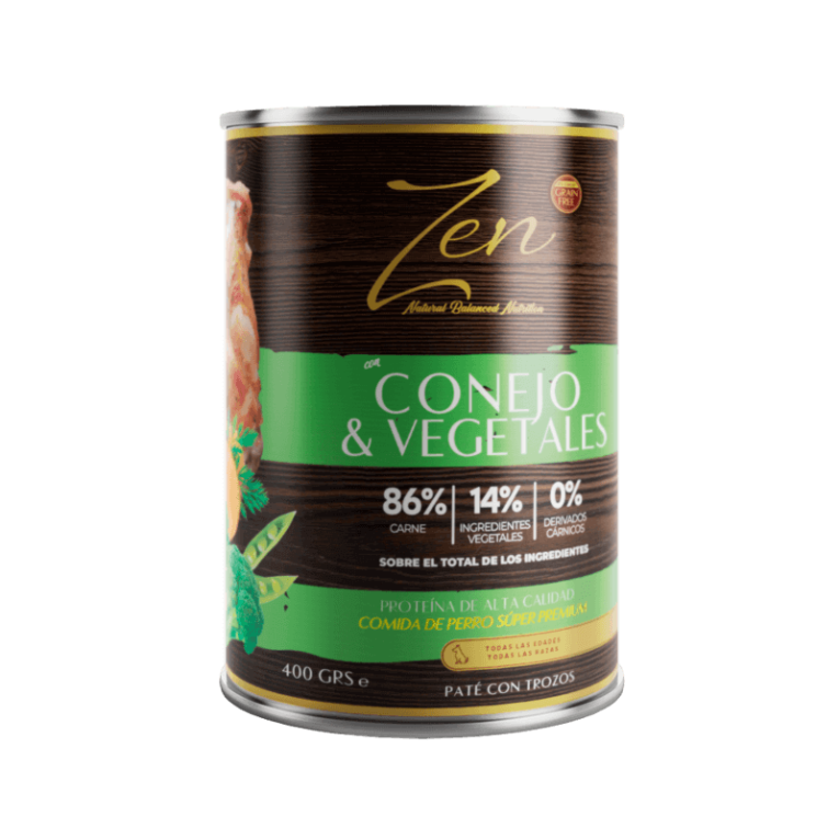 Lata de Paté Conejo Digestión Fácil Zen. Alimento húmedo magro con vegetales, 400g.