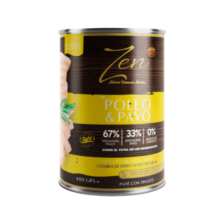 Lata de Paté Pollo Pavo Light Zen. Alimento húmedo para control de peso con 30% pollo y 15% pavo.