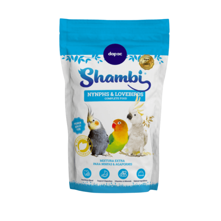 Bolsa de alimento completo Shambi (Dapac) Mixtura EXTRA para Ninfas y Agapornis, con imágenes de una ninfa y dos agapornis.