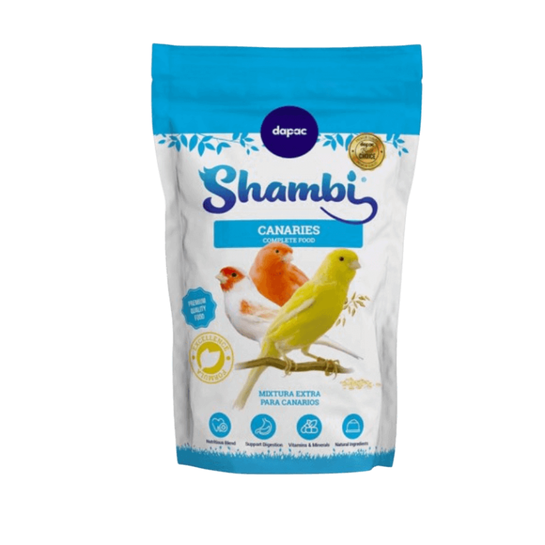 Bolsa de alimento completo Shambi (Dapac) Mixtura EXTRA para Canarios, con la imagen de un canario amarillo y uno anaranjado.