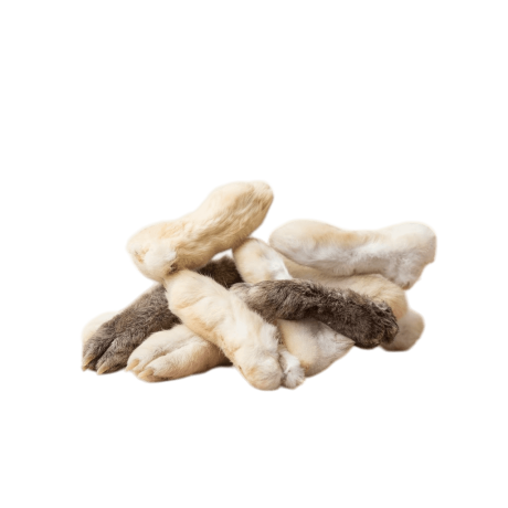 Pila de patas de conejo secas (con pelo) para perro, snack natural masticable para limpieza dental y ayuda a la digestión y desparasitación natural.