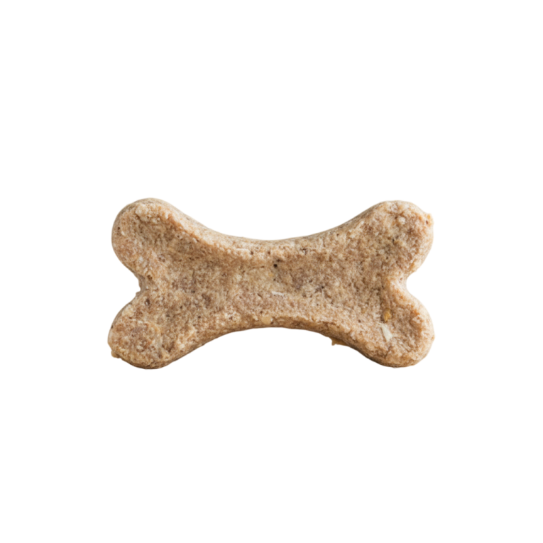 Snack blando para perro en forma de hueso con ternera y yuca. Masticable suave sin cereales, apto para cachorros y perros mayores con sensibilidad dental.