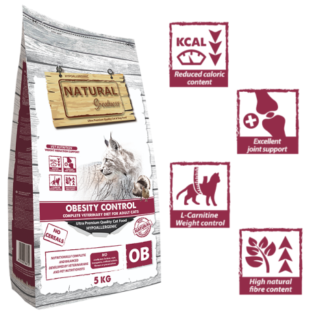 Pienso Natural Greatness Obesity Control Pavo, Grain Free y con L-Carnitina, para el manejo del peso en gatos.