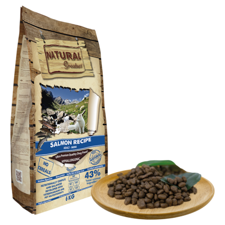 Saco Natural Greatness Salmón Sensitive Mini para perros adultos de raza pequeña con digestión sensible. Hipoalergénico y con 0.9% Omega 3.